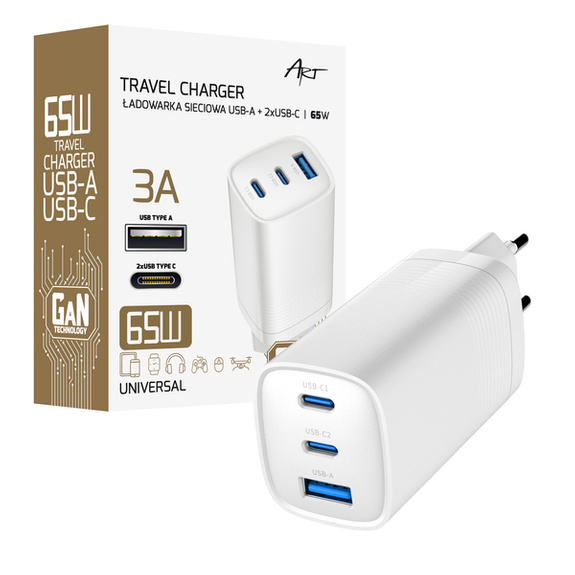 ŁADOWARKA SIECIOWA GaN PD/QC 4.0 1x USB-C 1x USB-A 65W ART