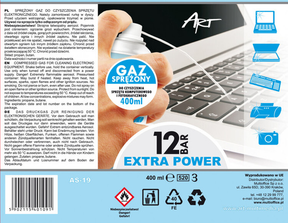 SPRĘŻONE POWIETRZE 400ml  AS-19  ART EXTRA POWER 12 BAR